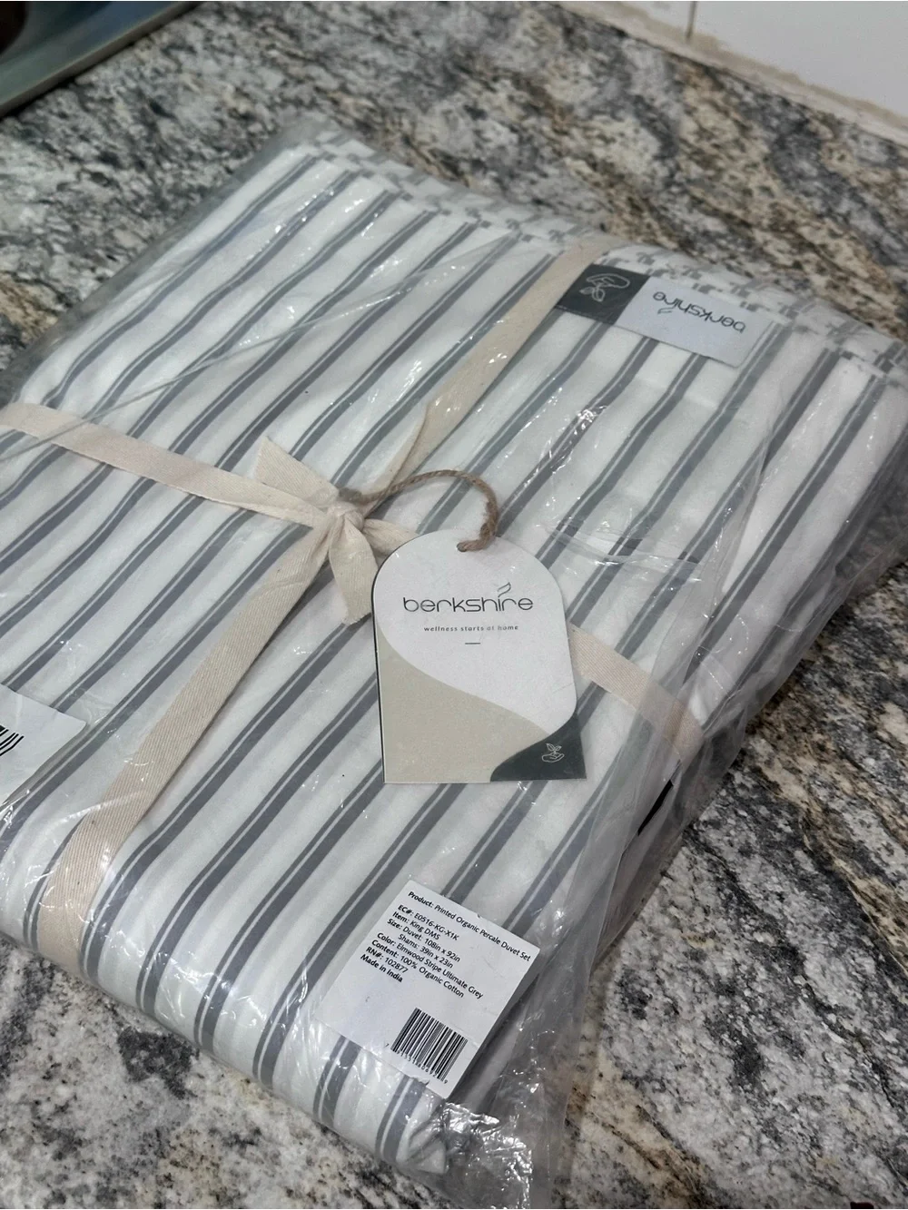 Berkshire 100% Organic Cotton King Size Duvet & Sham Set Grey Stripe NWT